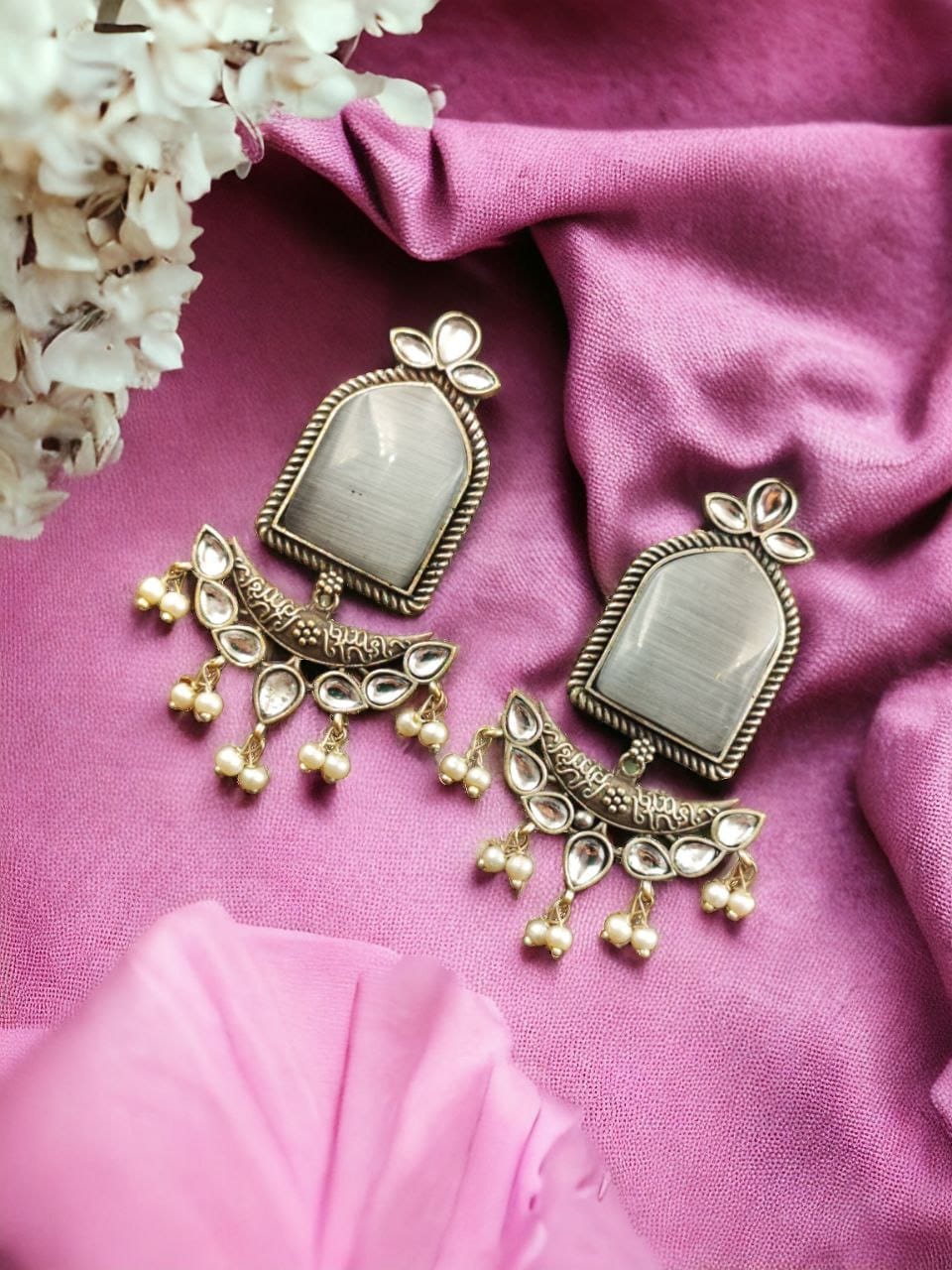 Fashionable Trendy Earrings - Best Silver Replica Jumbo Stone Dangler Earring - Image 3