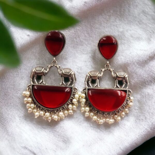 Designer Camel Earrings - Unique Stone Work Dangler Stud for Girls - "Red"