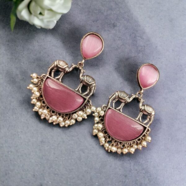 Designer Camel Earrings - Unique Stone Work Dangler Stud for Girls - "Babypink"