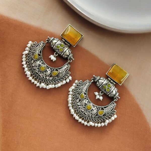 Silver Replica Chandbali Earrings - Unique Square Stone Stud Dangler Earring - "Yellow"