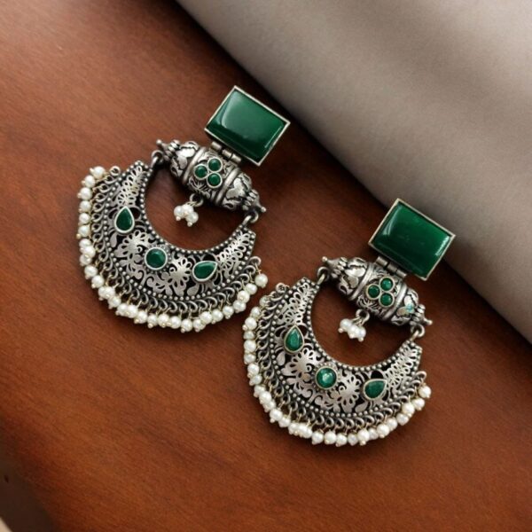 Silver Replica Chandbali Earrings - Unique Square Stone Stud Dangler Earring - "Green"