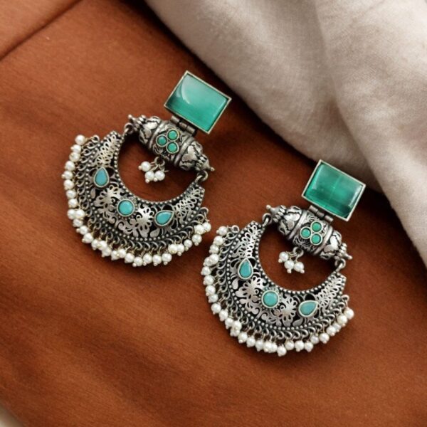 Silver Replica Chandbali Earrings - Unique Square Stone Stud Dangler Earring - "Mint"