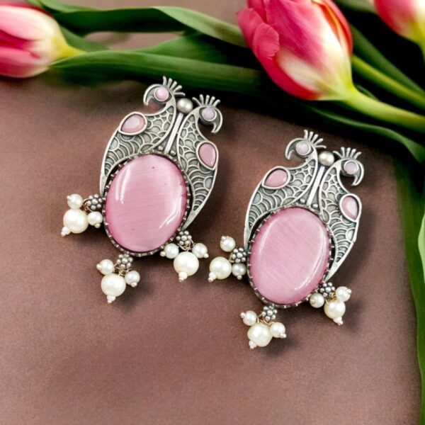 Antique Silver Peacock Style Earrings with Monalisa Stone & Pearl Beads - "Baby Pink"