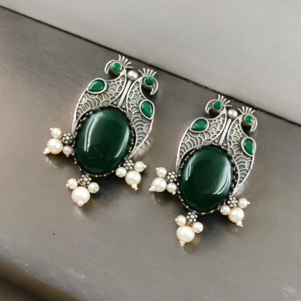 Antique Silver Peacock Style Earrings with Monalisa Stone & Pearl Beads - "Green"