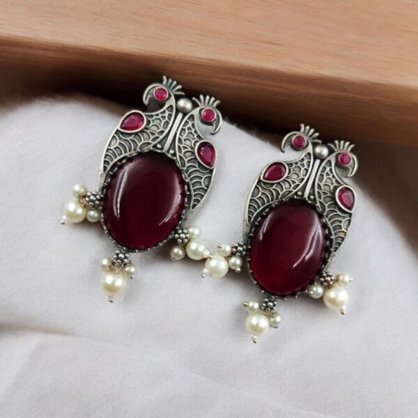 Antique Silver Peacock Style Earrings with Monalisa Stone & Pearl Beads - "Red"