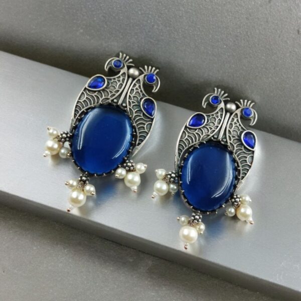 Antique Silver Peacock Style Earrings with Monalisa Stone & Pearl Beads - "Blue"