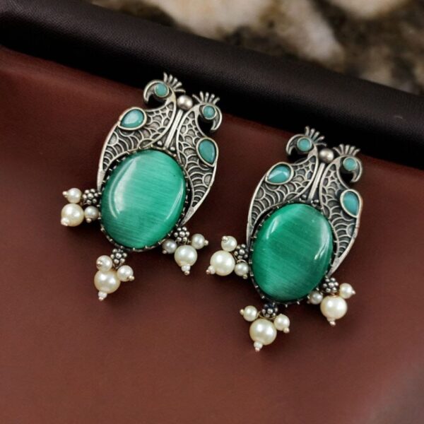 Antique Silver Peacock Style Earrings with Monalisa Stone & Pearl Beads - "Mint"
