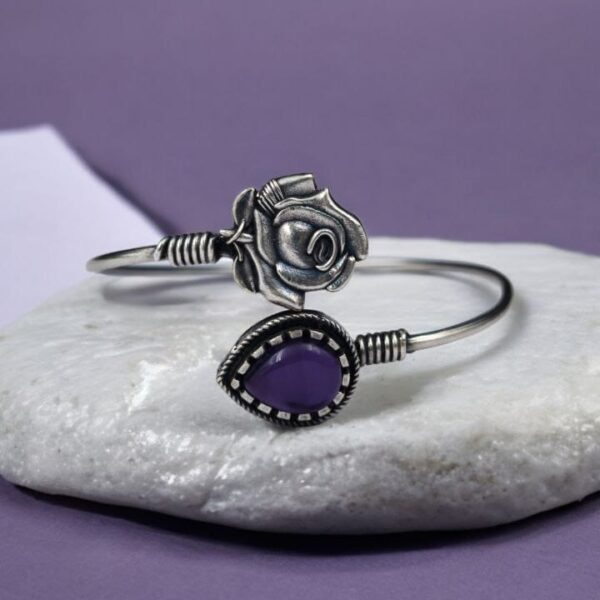 Oxidised Silver Look Like Flower Bracelet with Monalisa Stone Work - "Amethyst"