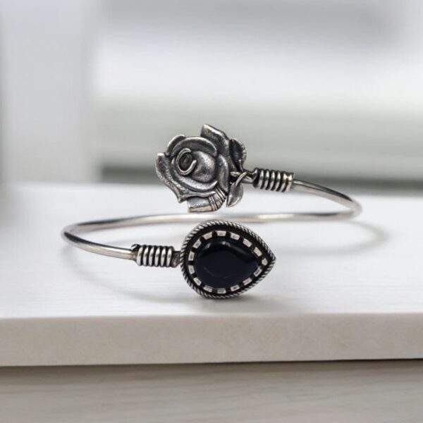 Oxidised Silver Look Like Flower Bracelet with Monalisa Stone Work - "Black"