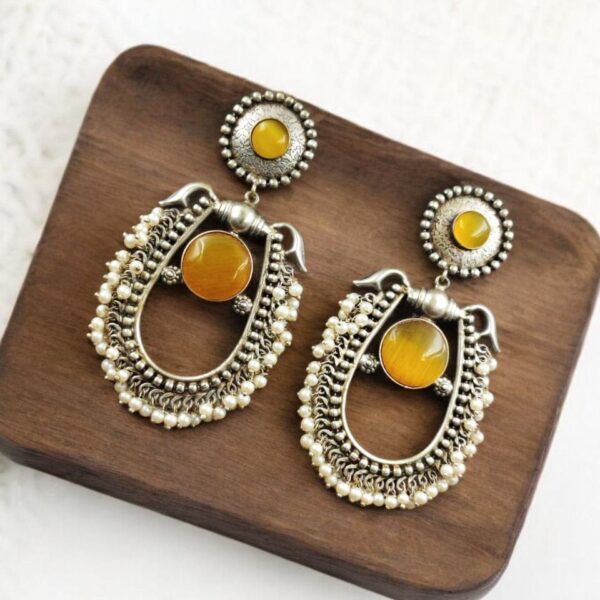 Best Handmade Silver Antique Chandbali With Stone & Pearl Work - "Yellow"