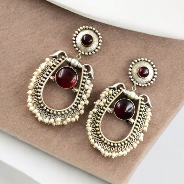 Best Handmade Silver Antique Chandbali With Stone & Pearl Work - "Red"