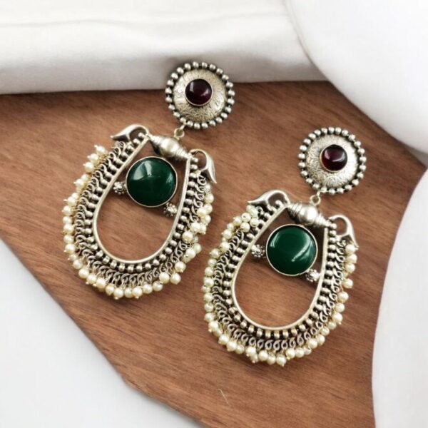 Best Handmade Silver Antique Chandbali With Stone & Pearl Work - "Red-Green"