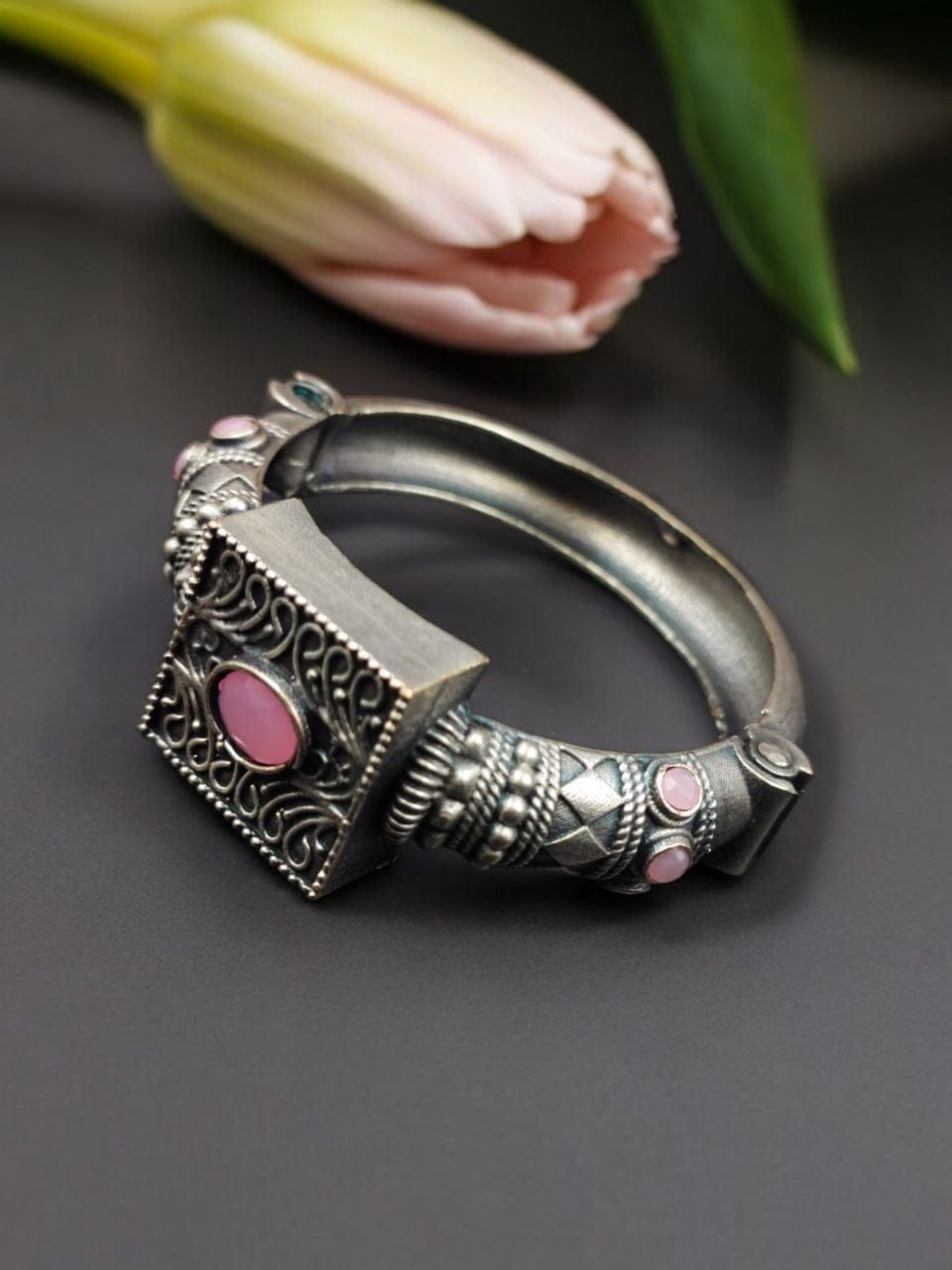 Silver Look Bangle | Free Size Openable Kada | Oxidized Bracelet - Image 9