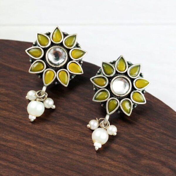 Silver Replica Flower Studs With Pearl Beads | Best Daily Wear Earrings - "Yellow"