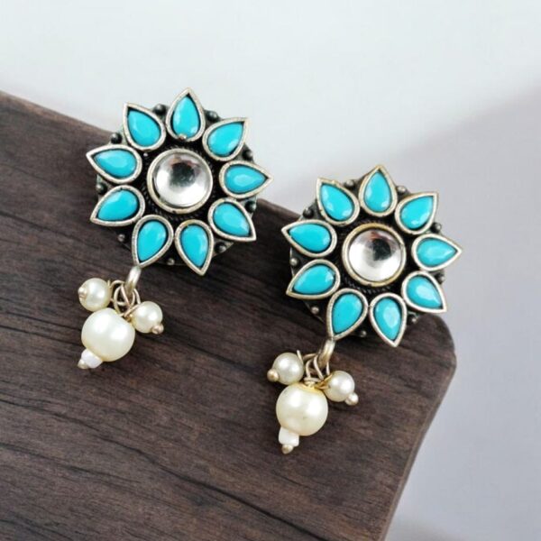 Silver Replica Flower Studs With Pearl Beads | Best Daily Wear Earrings - "Aqua"