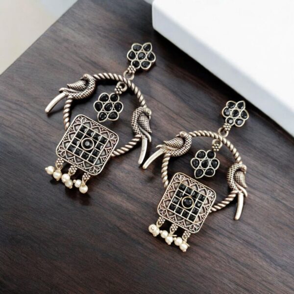 Silver Replica Peacock Style Earrings | Adorable Traditional Dangler Stud Jewelry - "Black"