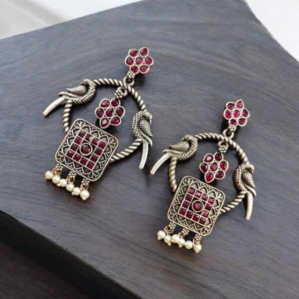 Silver Replica Peacock Style Earrings | Adorable Traditional Dangler Stud Jewelry - "Pink"