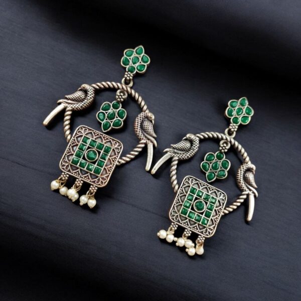 Silver Replica Peacock Style Earrings | Adorable Traditional Dangler Stud Jewelry - "Green"