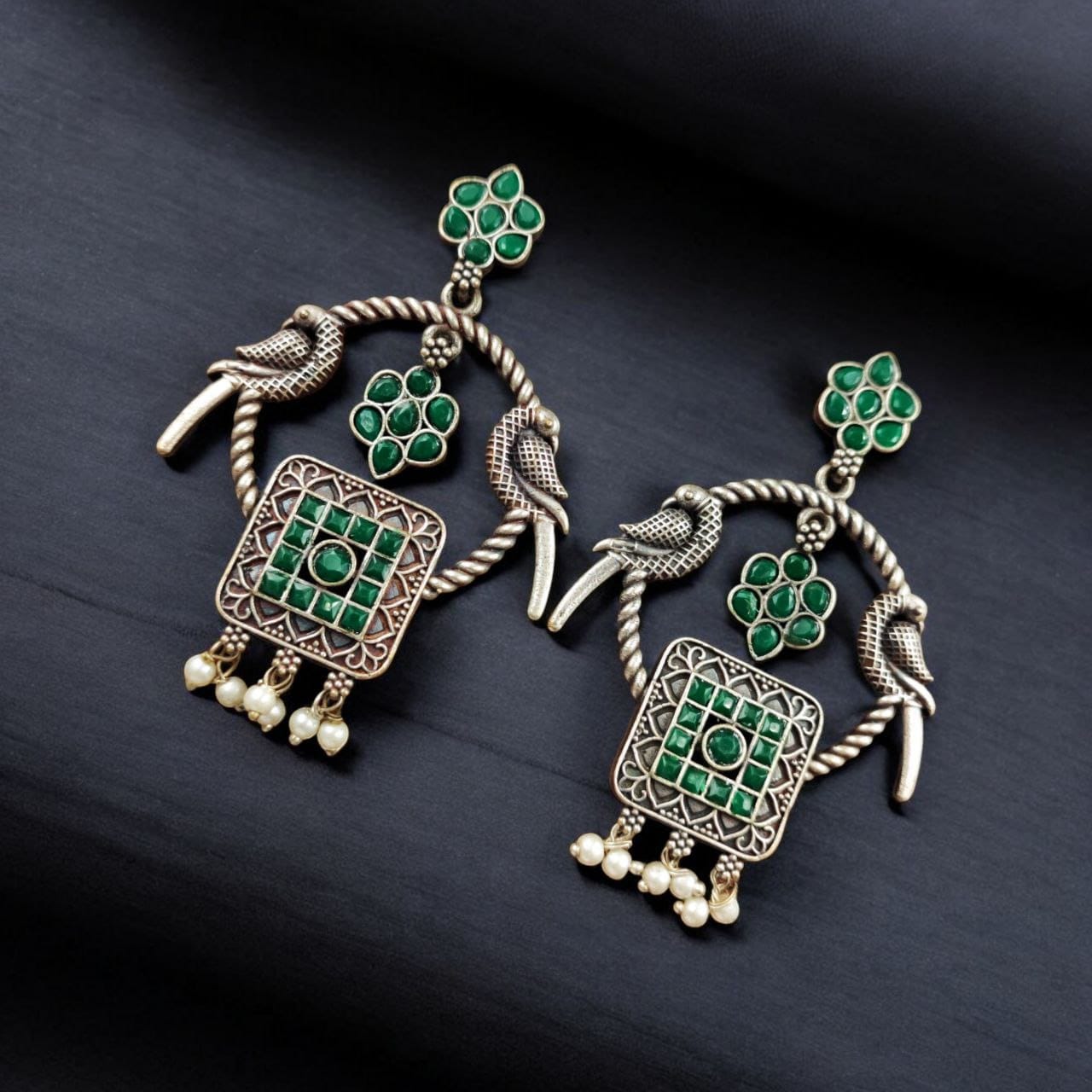 Silver Replica Peacock Style Earrings | Adorable Traditional Dangler Stud Jewelry - Image 6