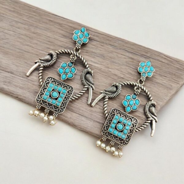 Silver Replica Peacock Style Earrings | Adorable Traditional Dangler Stud Jewelry - "Mint"