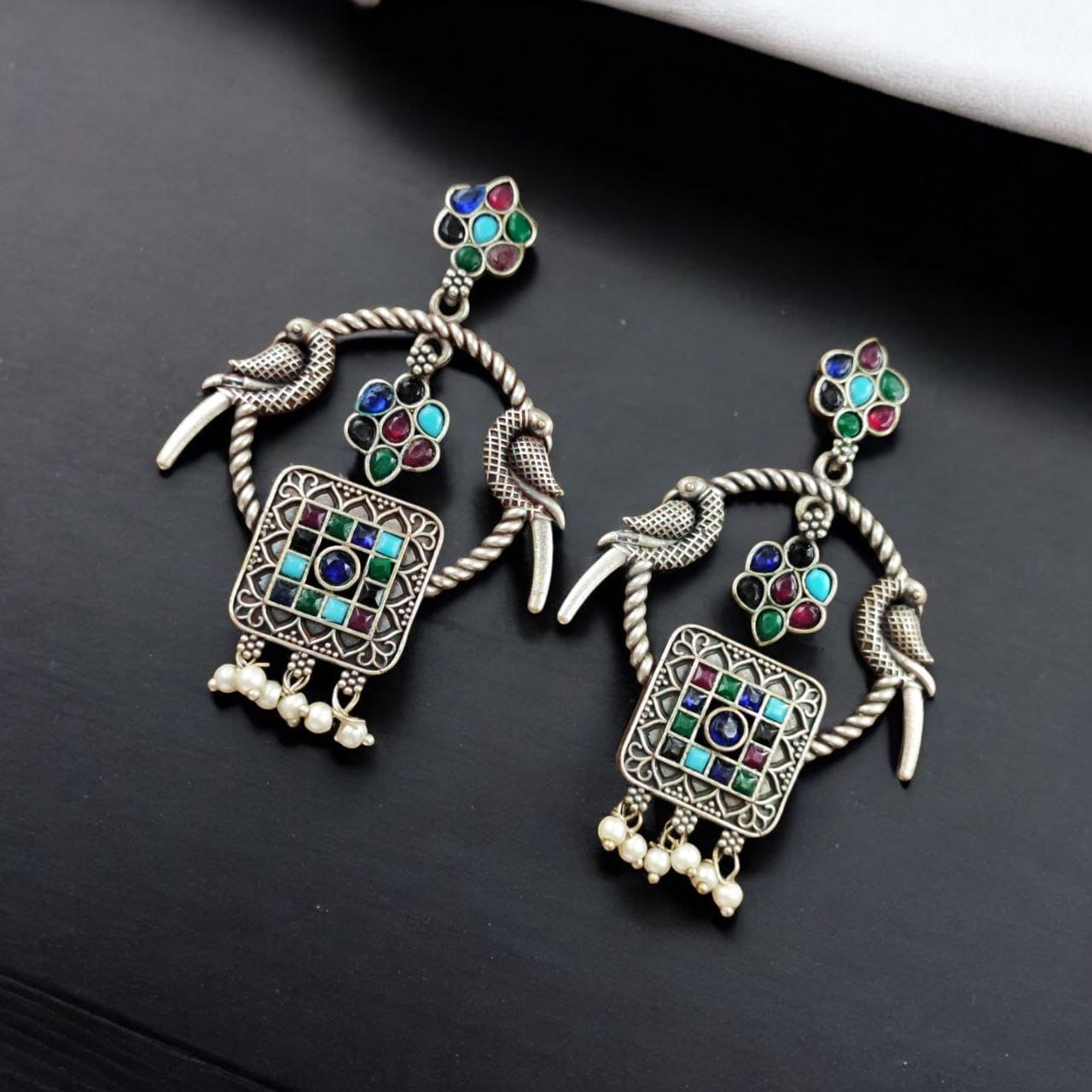 Silver Replica Peacock Style Earrings | Adorable Traditional Dangler Stud Jewelry