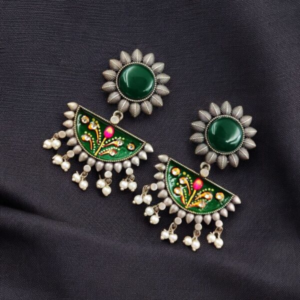Designer Hand-Painted Earrings | Handcrafted Unique Silver Look aLike Jewelry - "Green"
