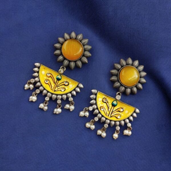 Designer Hand-Painted Earrings | Handcrafted Unique Silver Look aLike Jewelry - "Yellow"