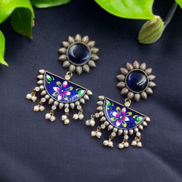 Designer Hand-Painted Earrings | Handcrafted Unique Silver Look aLike Jewelry - "Blue"