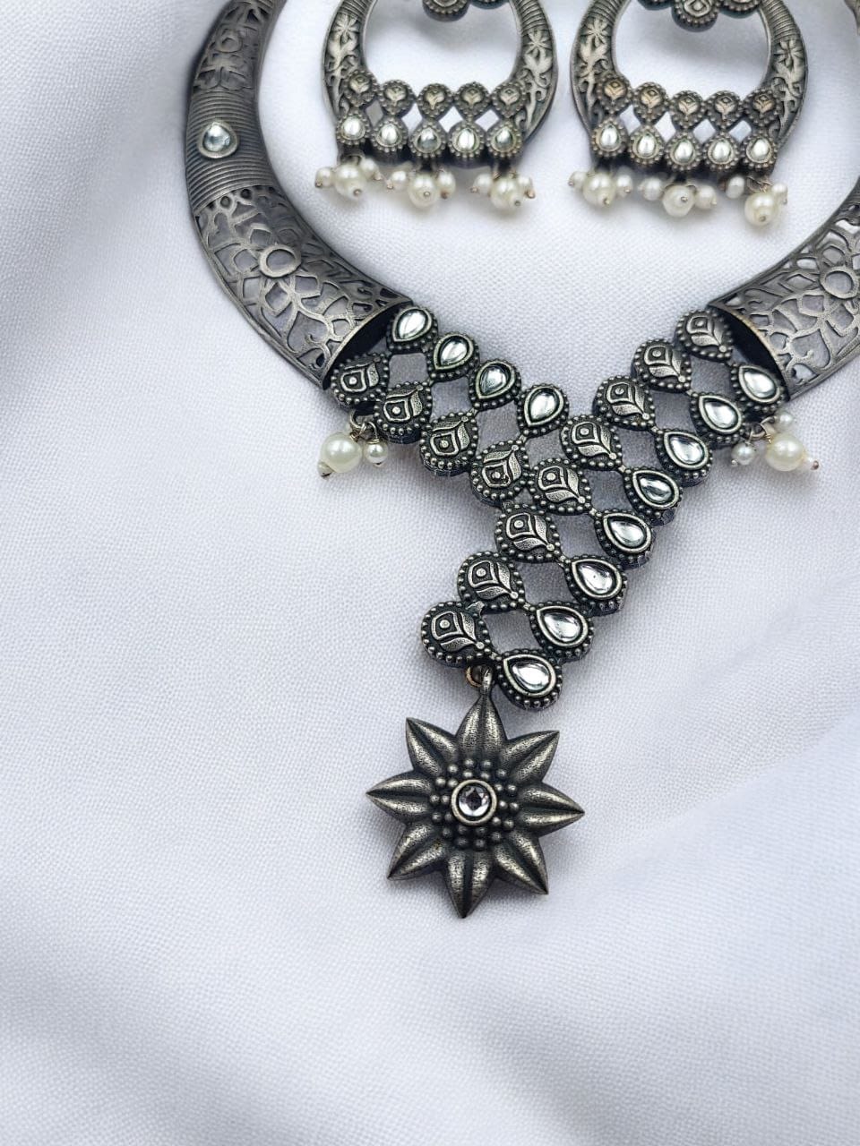 Silver Replica Hasali Necklace | Antique Designer Oxidized Jewelry - Image 4