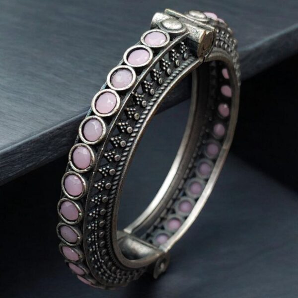 Antique Silver Replica Bracelet | Unique Silver Look Kada Bangle - "Babypink"