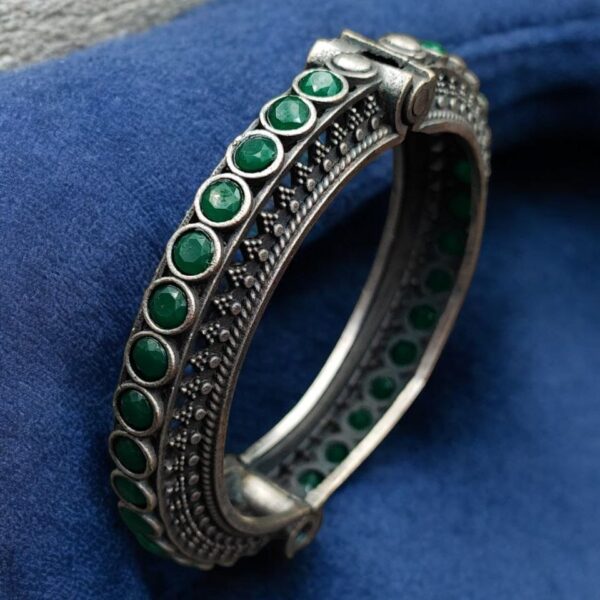 Antique Silver Replica Bracelet | Unique Silver Look Kada Bangle - "Green"