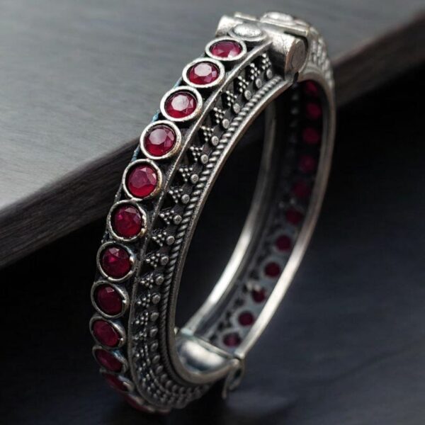 Antique Silver Replica Bracelet | Unique Silver Look Kada Bangle - "Pink"