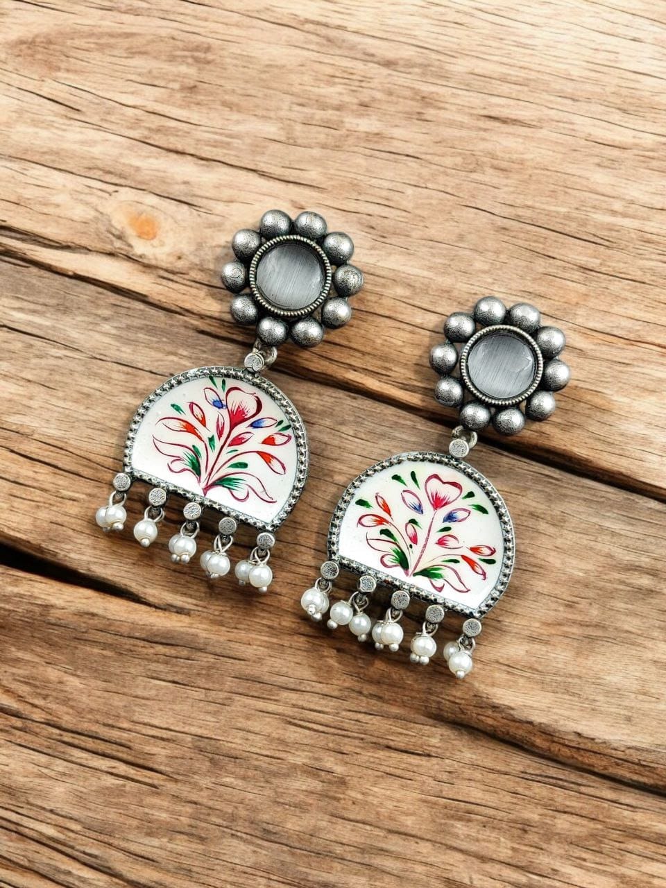 Handpanted Silver Touch Earrings With Stone Stud | Unique Premium Jaipur Jewelry - Image 8