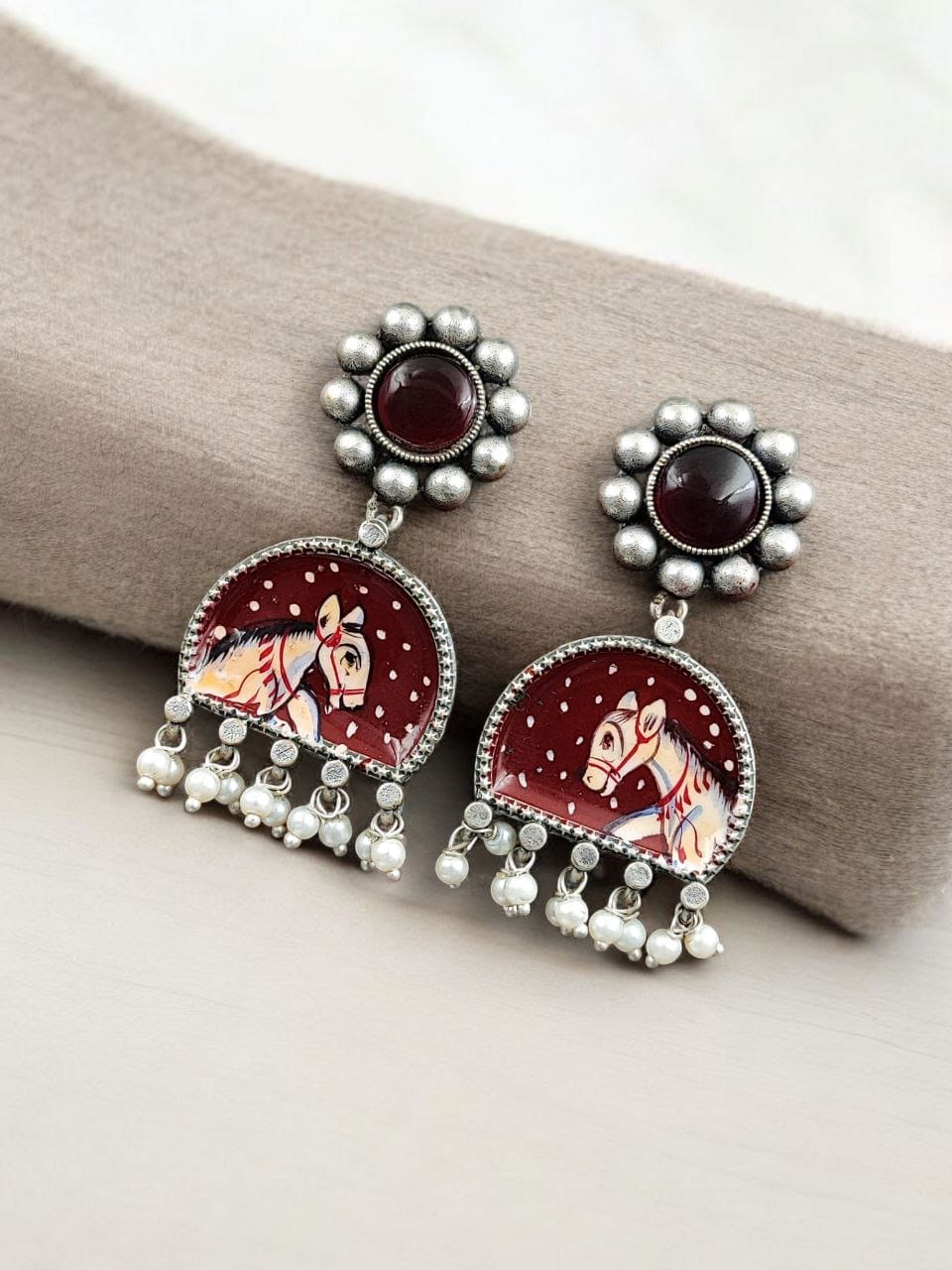 Handpanted Silver Touch Earrings With Stone Stud | Unique Premium Jaipur Jewelry