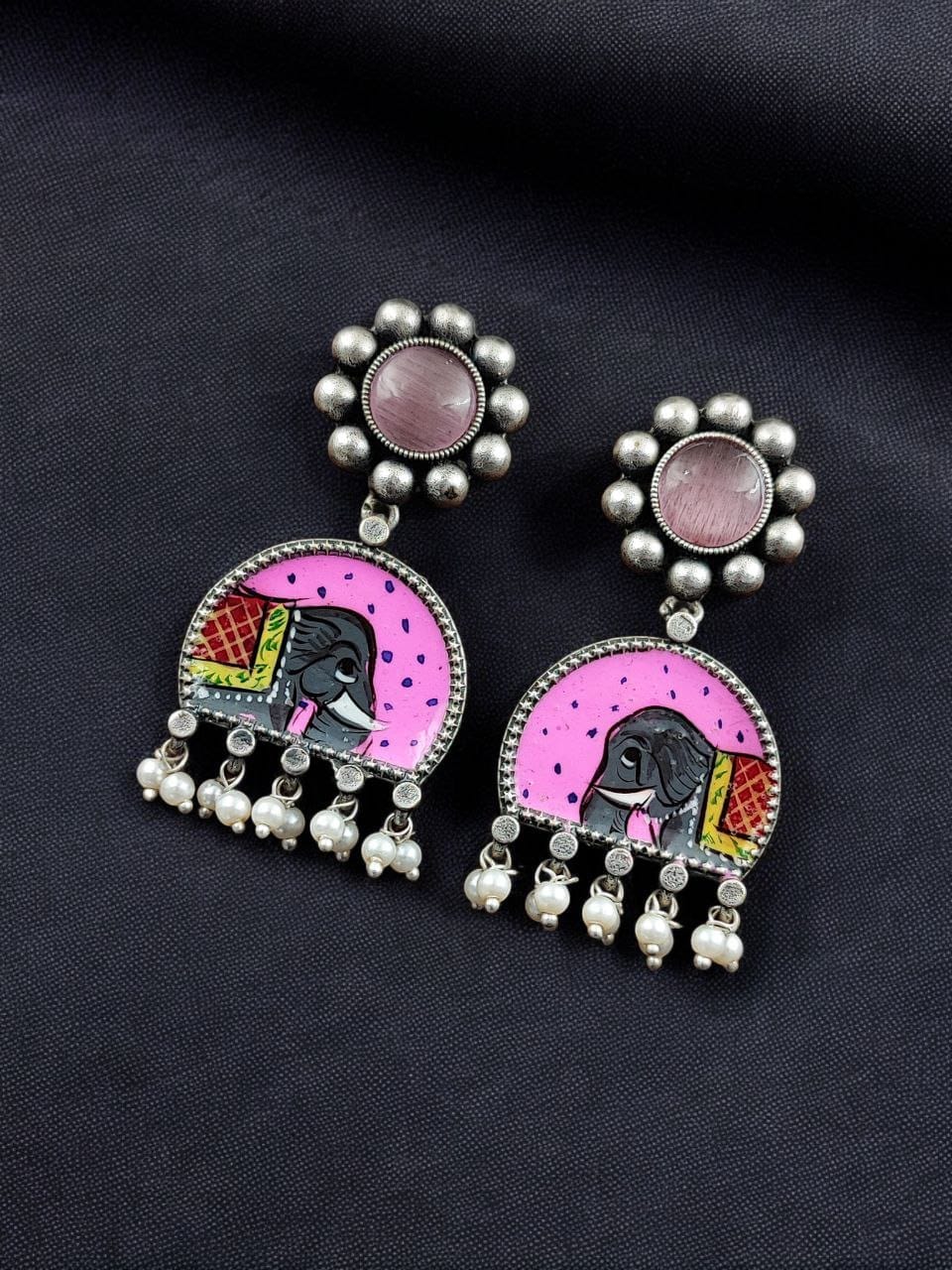 Handpanted Silver Touch Earrings With Stone Stud | Unique Premium Jaipur Jewelry - Image 5