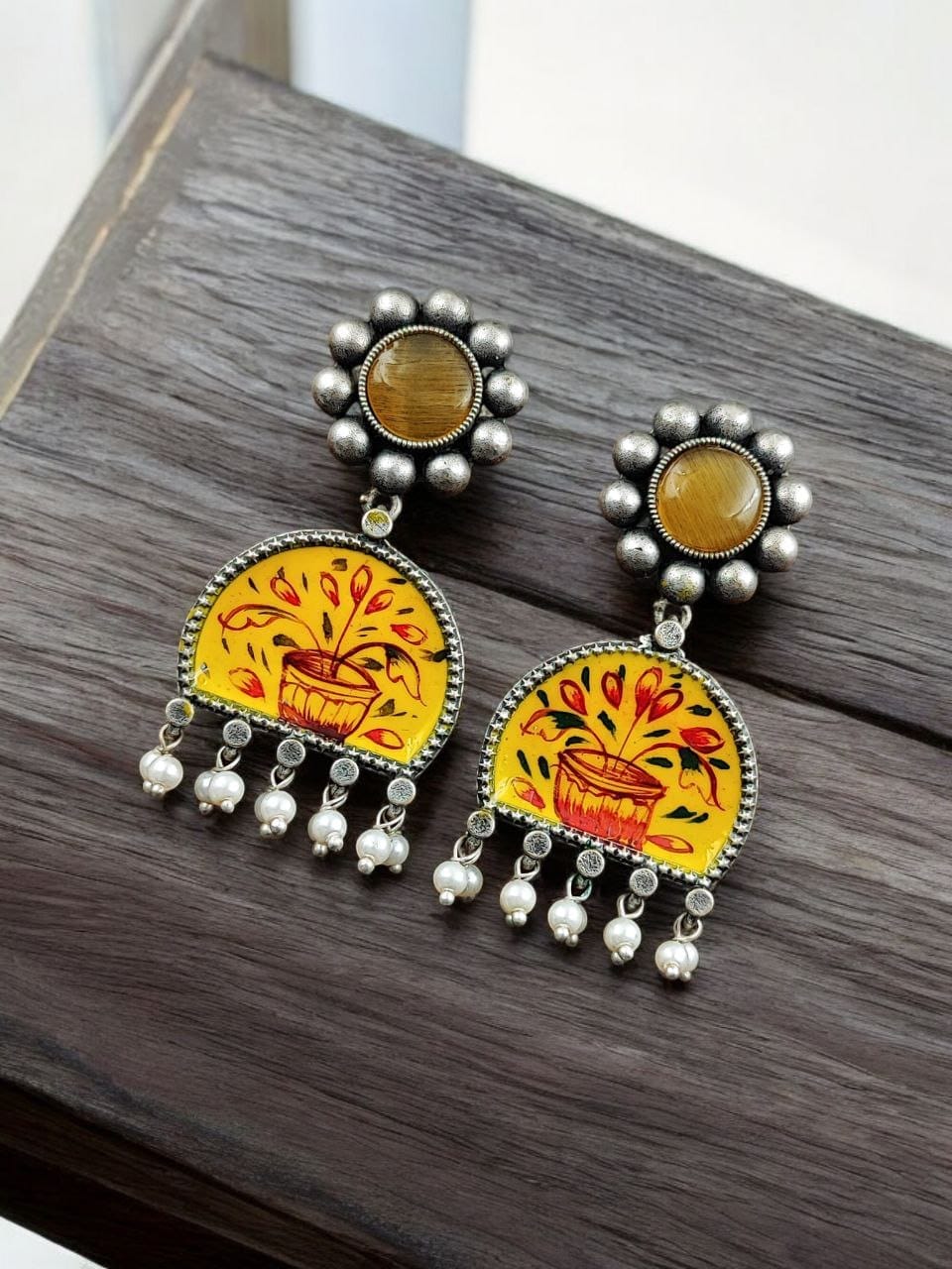 Handpanted Silver Touch Earrings With Stone Stud | Unique Premium Jaipur Jewelry - Image 6