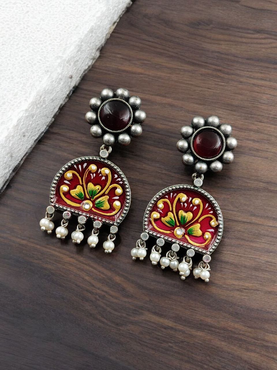 Handpanted Silver Touch Earrings With Stone Stud | Unique Premium Jaipur Jewelry - Image 4