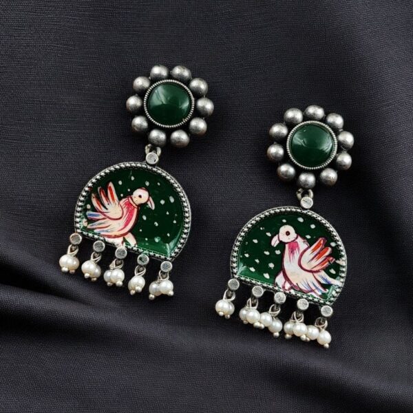 Handpanted Silver Touch Earrings With Stone Stud | Unique Premium Jaipur Jewelry - "Green"
