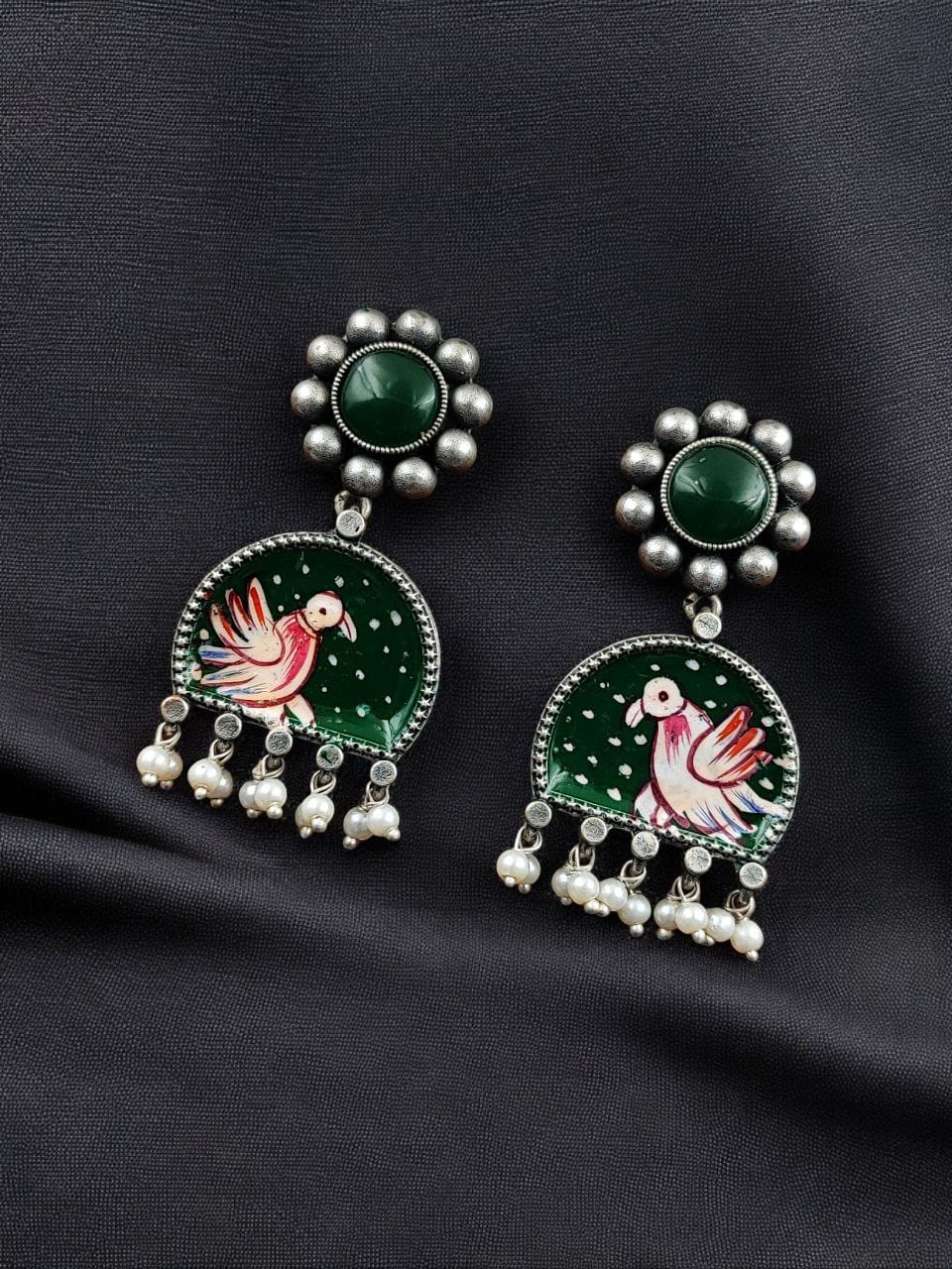 Handpanted Silver Touch Earrings With Stone Stud | Unique Premium Jaipur Jewelry - Image 2