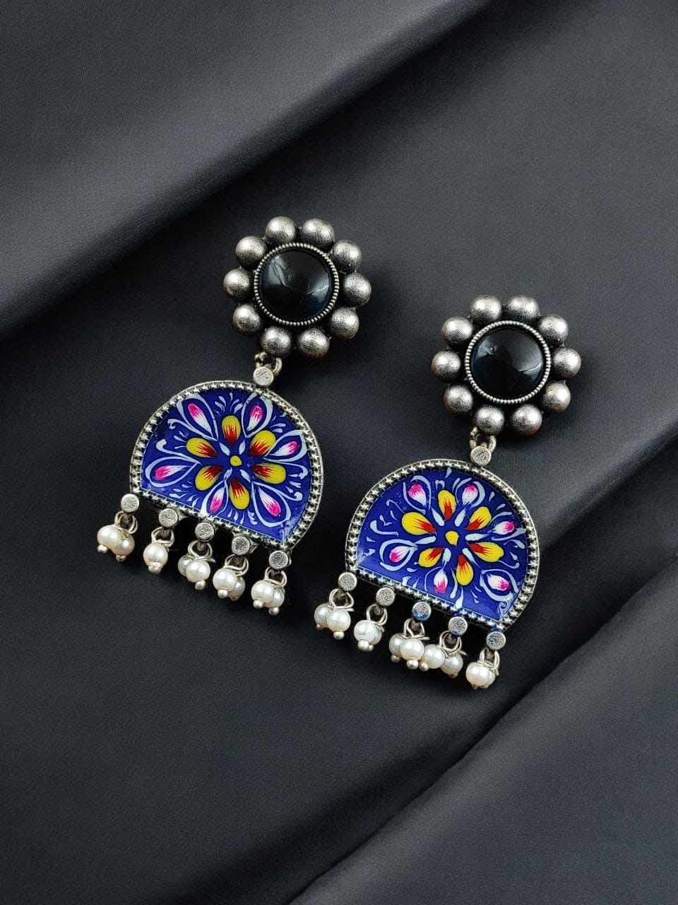 Handpanted Silver Touch Earrings With Stone Stud | Unique Premium Jaipur Jewelry - Image 3