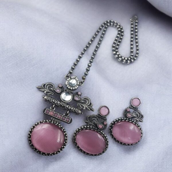 Silver Replica Pendant Set | Unique Peacock Design Monalisa Stone Necklace - "Babypink"