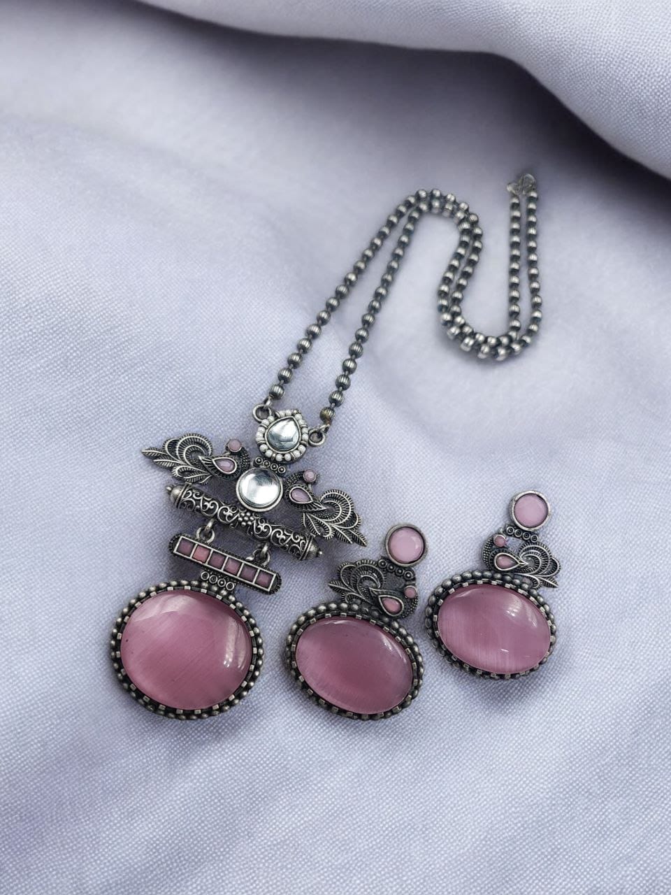 Silver Replica Pendant Set | Unique Peacock Design Monalisa Stone Necklace - Image 3