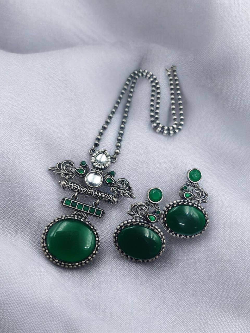 Silver Replica Pendant Set | Unique Peacock Design Monalisa Stone Necklace - Image 5