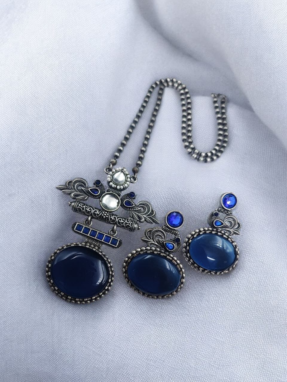 Silver Replica Pendant Set | Unique Peacock Design Monalisa Stone Necklace - Image 6