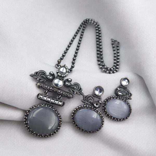 Silver Replica Pendant Set | Unique Peacock Design Monalisa Stone Necklace - "Grey"