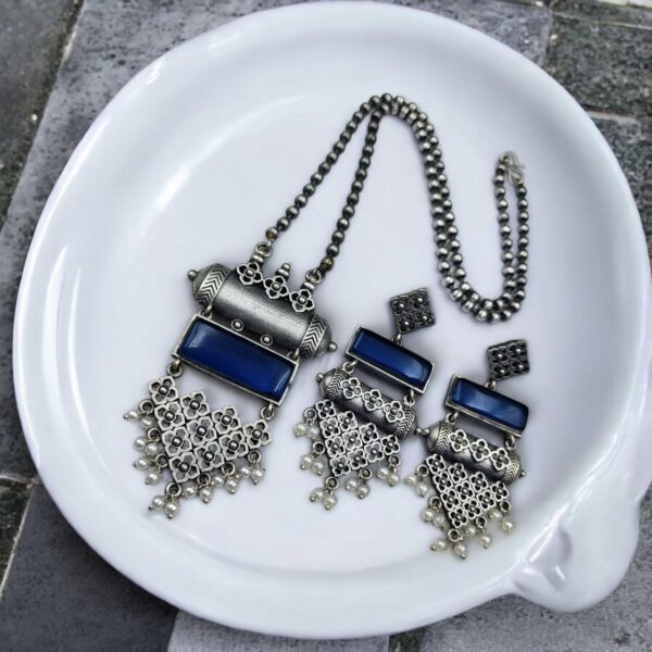 Antique Touch Silver Look Necklace Set | Unique Oxidized Monalisa Stone Chain Pendant - "Blue"