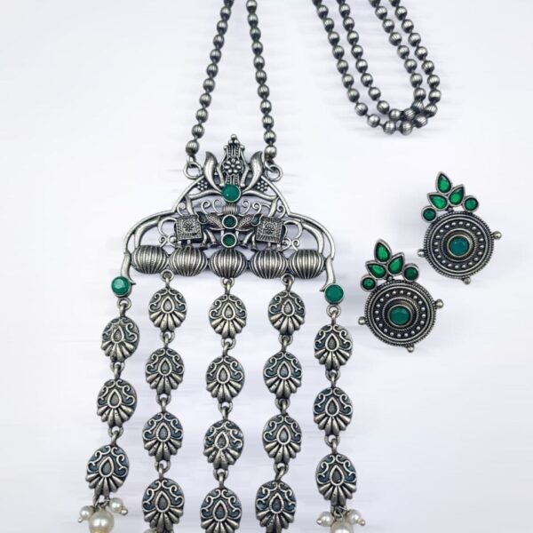 Oxidized Elephant Necklace Set | Unique Long Dangler Silver Touch Jewelry - "Green"