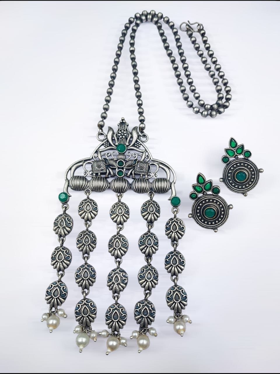 Oxidized Elephant Necklace Set | Unique Long Dangler Silver Touch Jewelry - Image 11