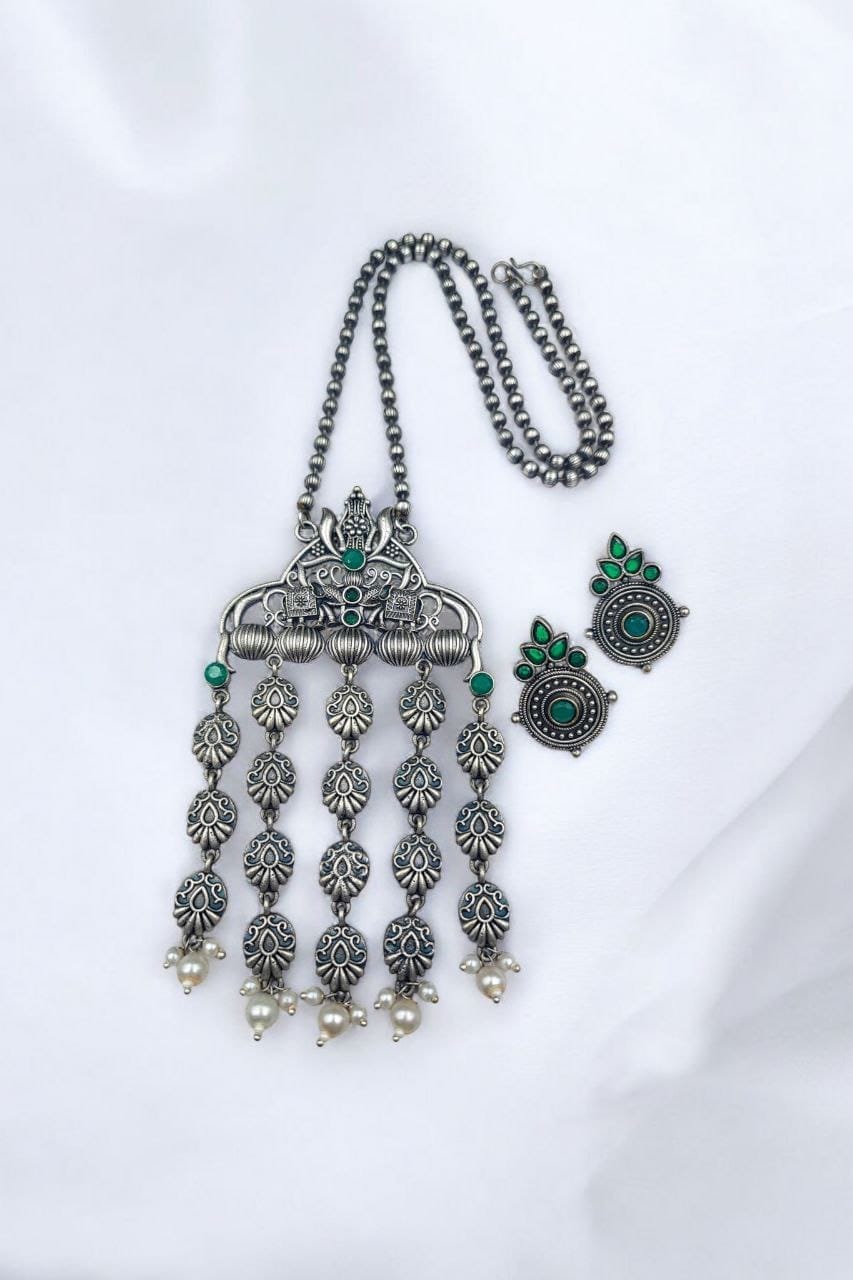 Oxidized Elephant Necklace Set | Unique Long Dangler Silver Touch Jewelry - Image 10