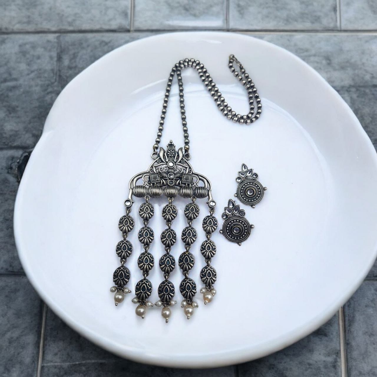 Oxidized Elephant Necklace Set | Unique Long Dangler Silver Touch Jewelry - Image 8